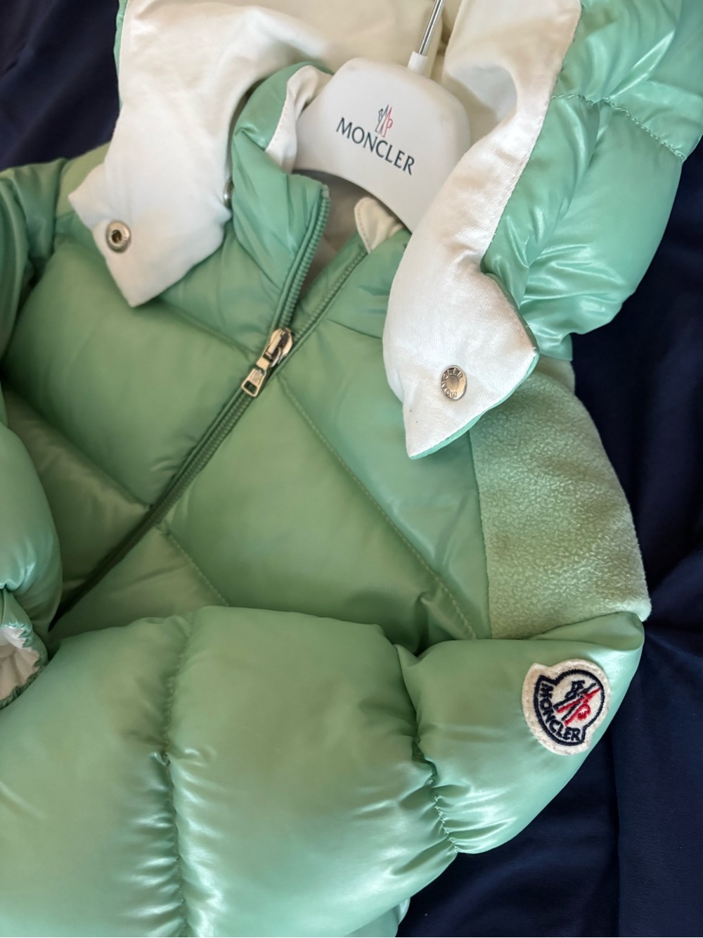 Moncler Kids Mint Puffer Jacket in Light Green with White Hood Trim